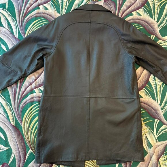 y2k blck 100% leather ‘Savannah’ overcoat minimalist trench - SZ M! stylish ~ - Picture 4 of 8